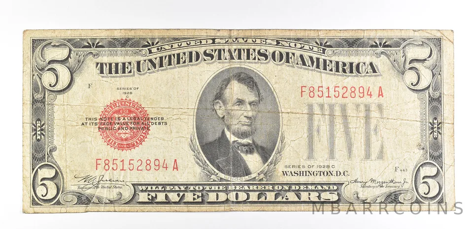 1928 C $5 US Currency Note Fr#1528 Red Seal *9315