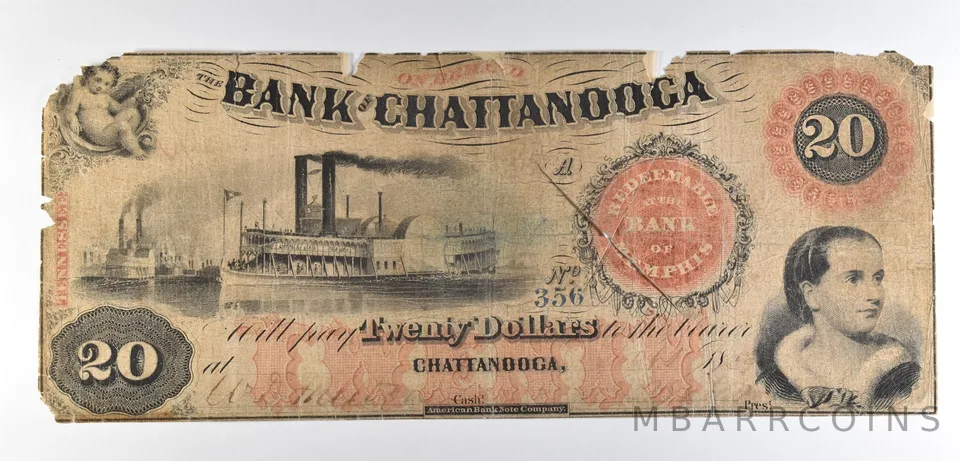 1854 $20 Chattanooga TN Bank Of Chattanooga Obsolete Note *8660