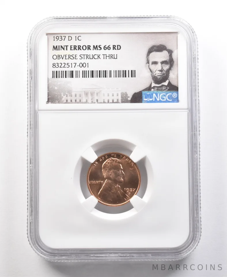 1937-D Lincoln Wheat Cent Mint Error Obverse Struck Thru MS66 RD NGC *1107