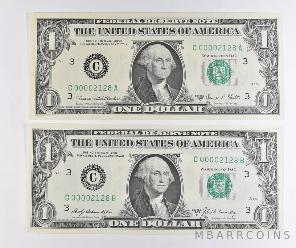 Lot (2) Matching Serial Numbers 1969 D/1969 B $1 Philadelphia PA FRN *1730