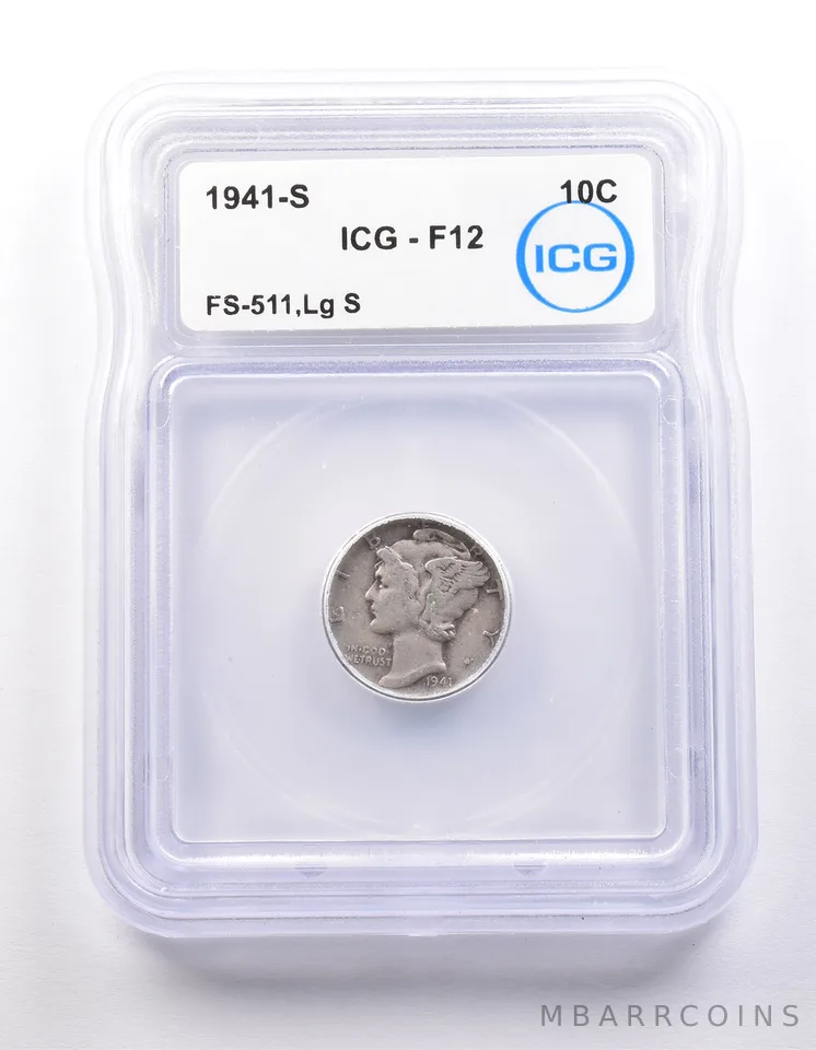 1941-S Mercury Dime FS-511 Large S F12 ICG *9859