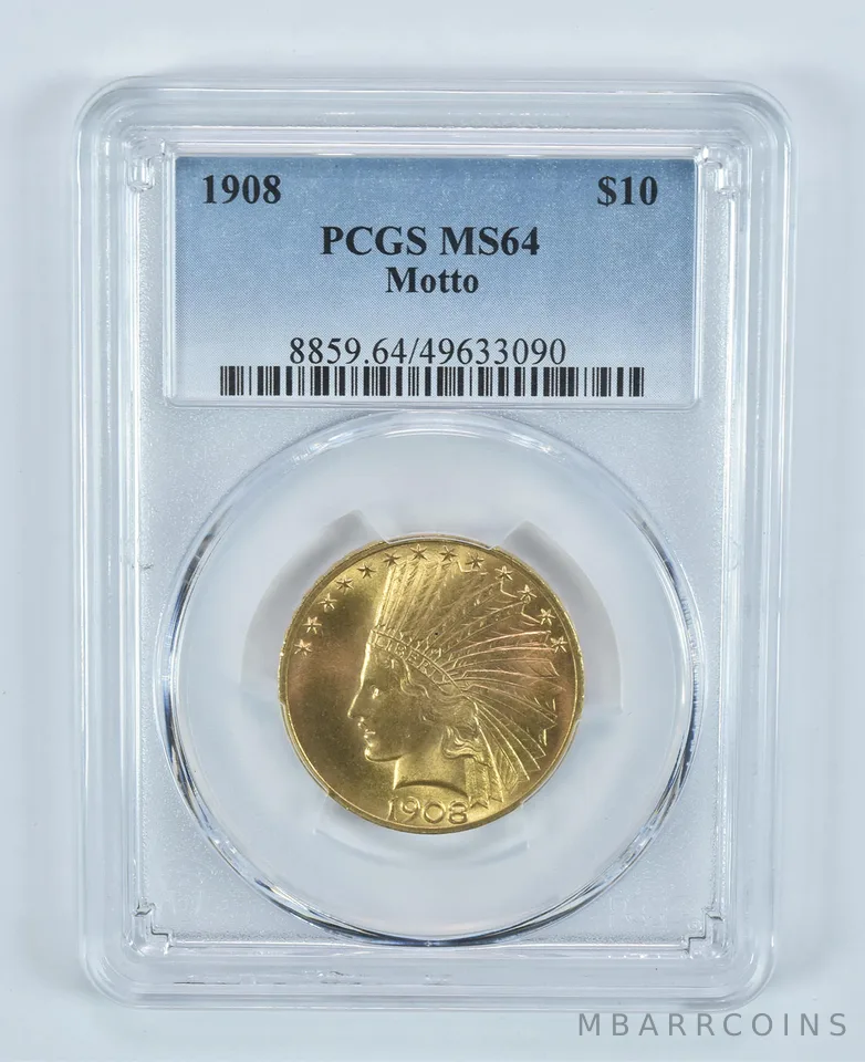 1908 $10 Indian Head Gold Eagle Motto MS64 PCGS PQ a9059