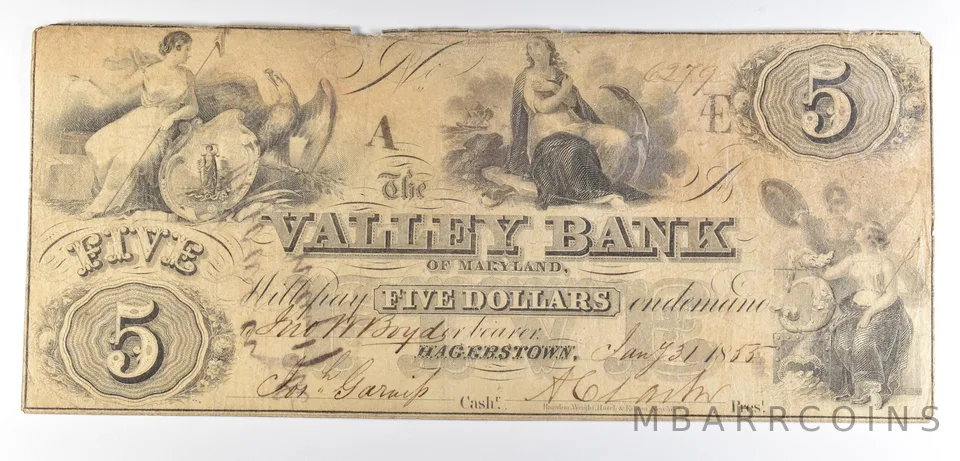 1855 $5 Hagerstown MD Valley Bank Obsolete Note *8517