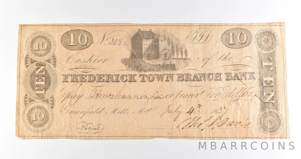 1837 $10 Frederick MD Town Branch Bank Obsolete Note *3911