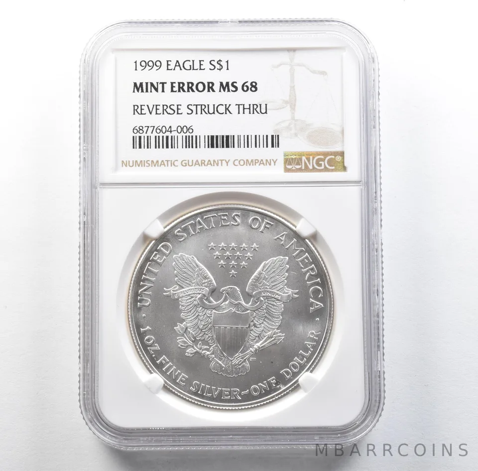 1999 American Silver Eagle Mint Error Reverse Struck Thru MS68 NGC *3131