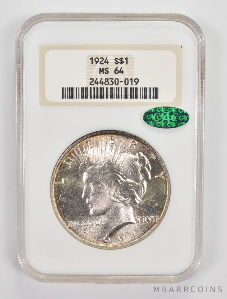 MS64 1924 Peace Silver Dollar CAC NGC *0031