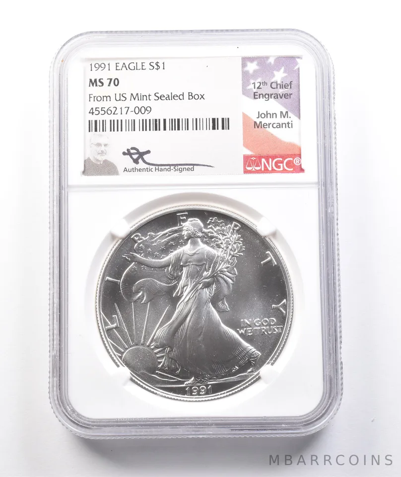 1991 American Silver Eagle From US Mint Sealed Box Mercanti MS70 NGC *3752