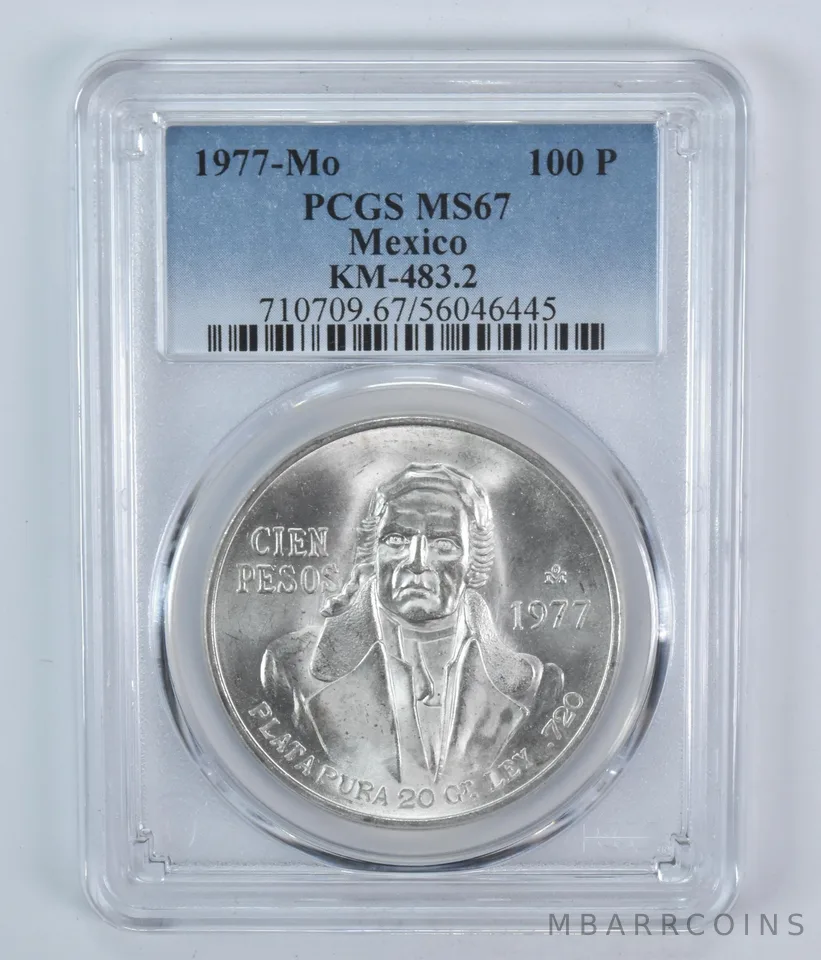 1977 Mo Mexico 100 Pesos KM-483.2 MS67 PCGS Silver