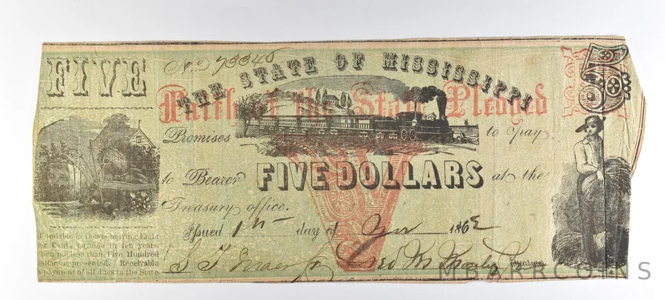 1863 $5 State Of Mississippi Obsolete Note *8670