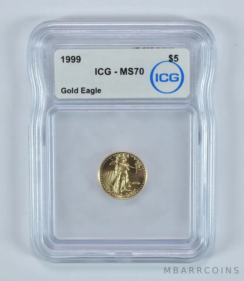 1999 $5 American Gold Eagle 1/10 Oz Gold MS70 ICG