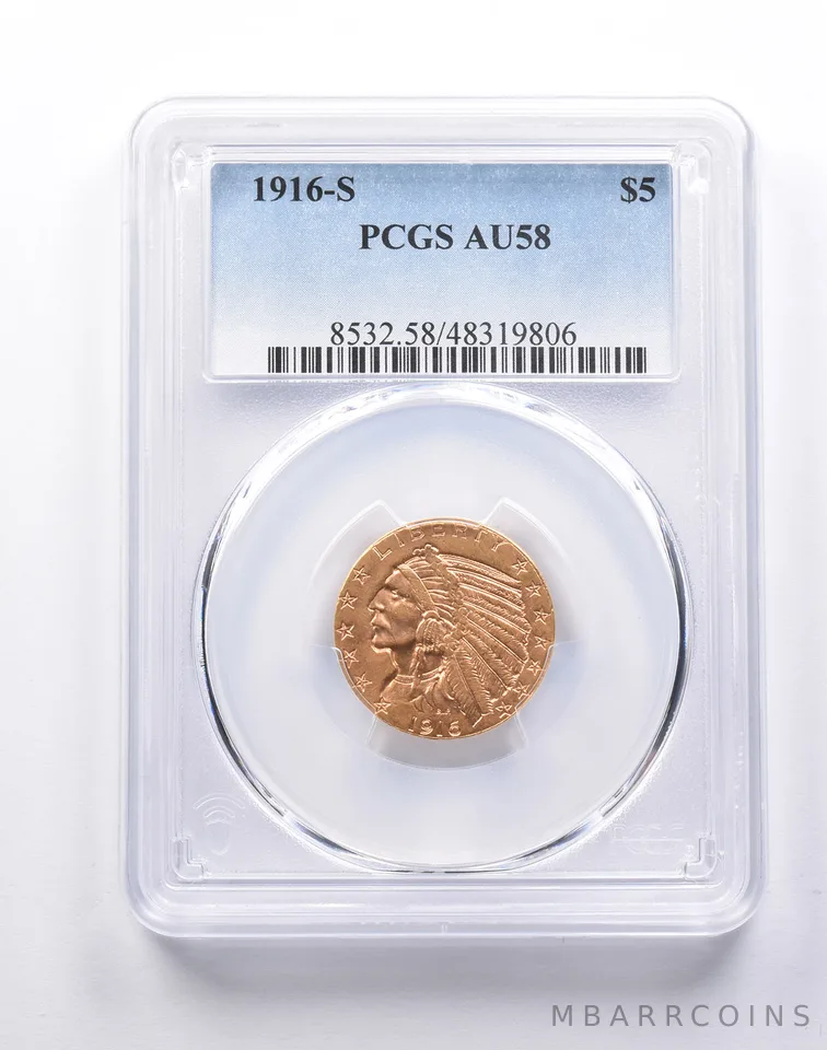 AU58 1916-S $5 Indian Head Gold Half Eagle PCGS a1476