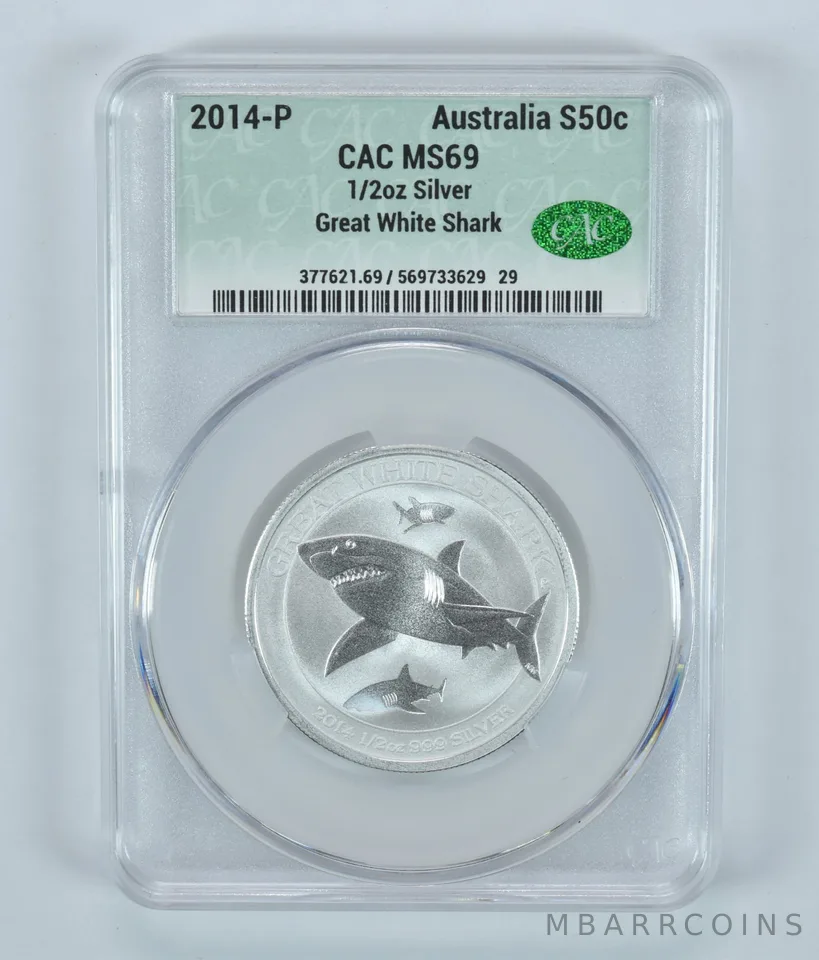 2014 P Australia 50 Cents Silver Great White Shark MS69 CAC CACg