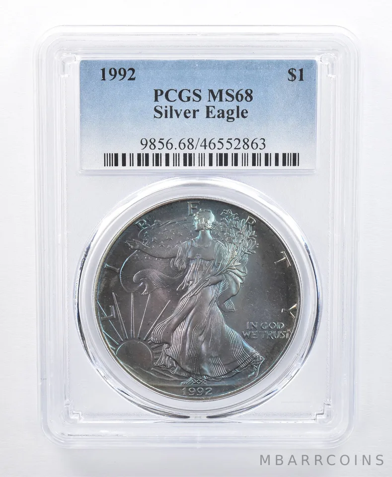 1992 American Silver Eagle MS68 PCGS Blue/Purple Tone *8586