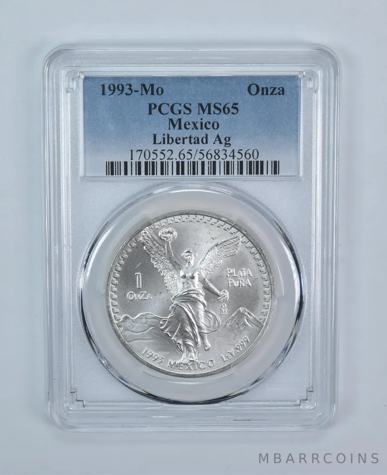 1993 Mo Mexico 1 Onza Silver Libertad MS65 PCGS Blue Label