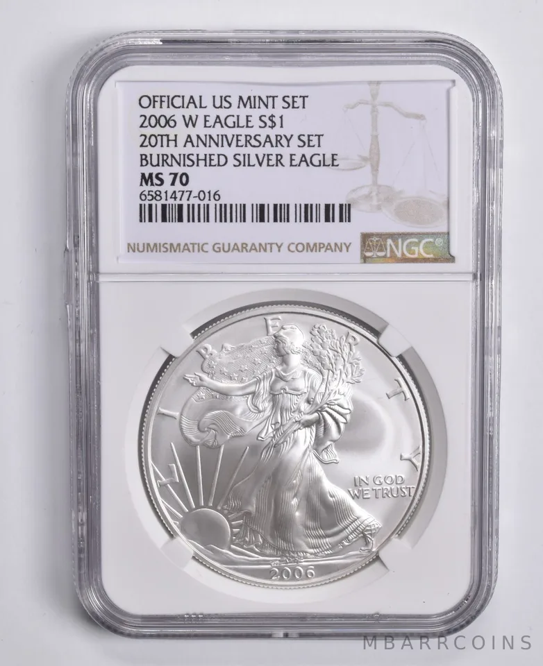 2006-W Burnished American Silver Eagle 20th Anniv. Set MS70 NGC Brown Lbl