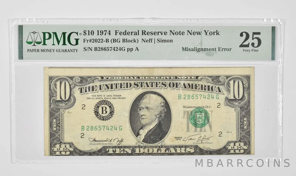 $10 1974 New York, NY FRN PMG 25 Very Fine Fr# 2022-B Misalignment Error *0909