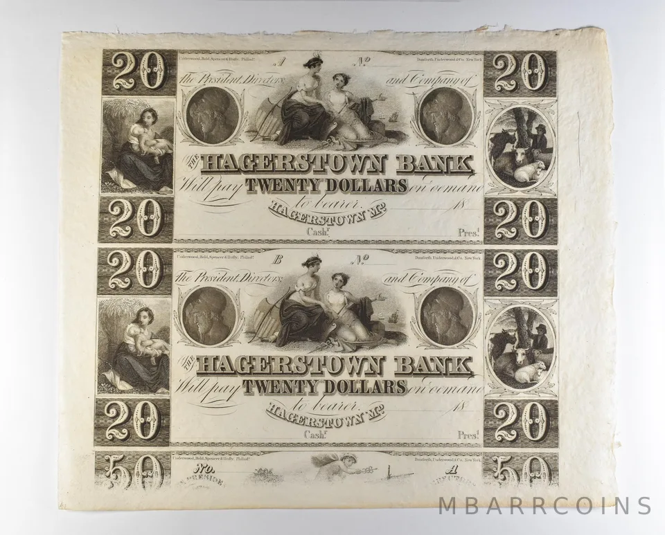 Lot (2) 1800s $20 Hagerstown MD Bank Obsolete Note Uncut *8698