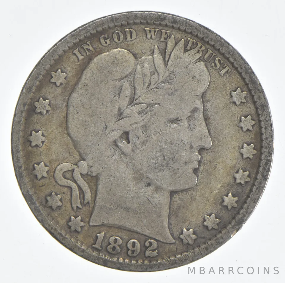 1892 (P) Barber Quarter 90% Silver VG Condition
