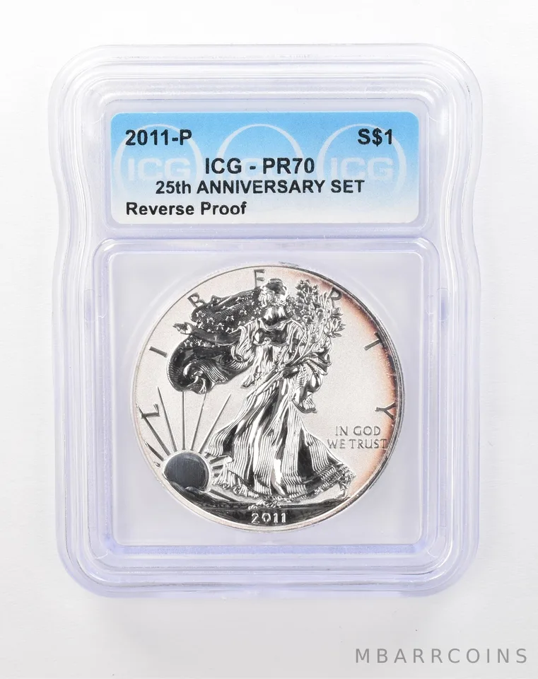 2011-P Silver Eagle 25th Anniversary Set Reverse PR70 ICG Peripheral Tone *9843