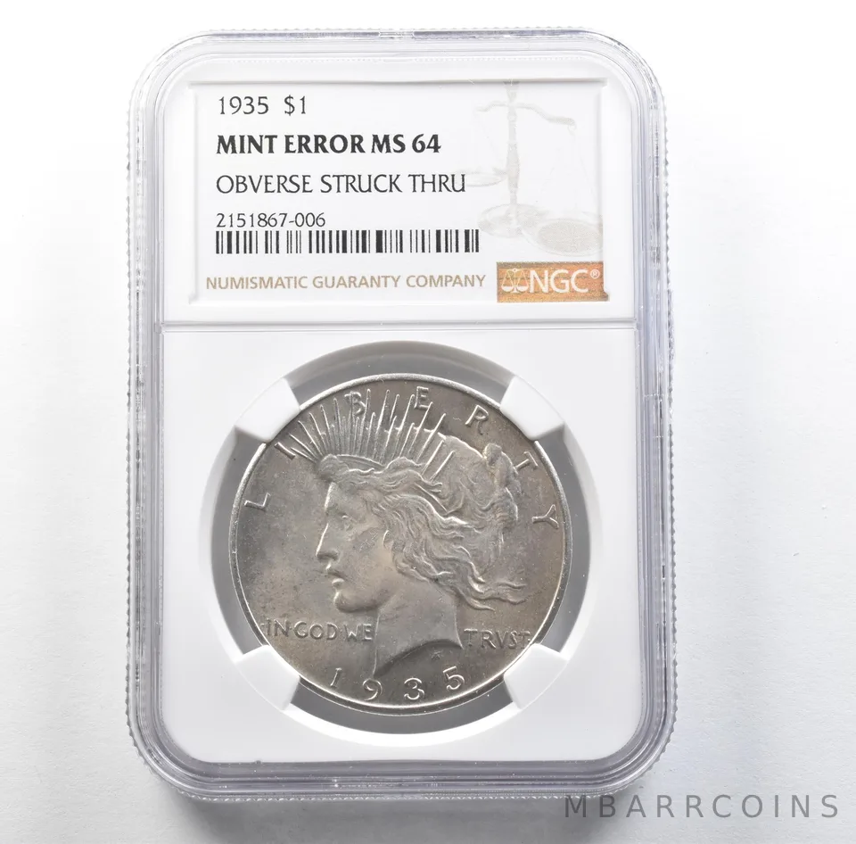 1935 Peace Silver Dollar Mint Error Obverse Struck Thru MS64 NGC *3172
