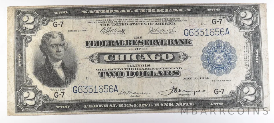 1918 $2 Chicago IL National Currency Note Battleship Large Note G-7 *6972