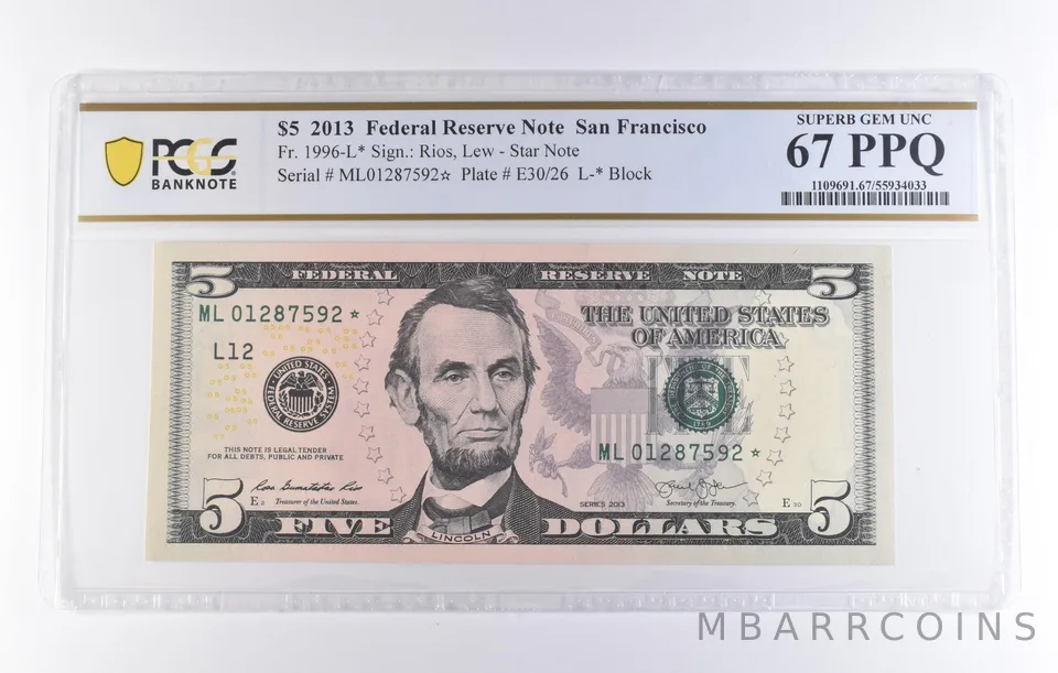 2013 $5 San Francisco CA FRN Star Note Fr#1996-L* Gem Unc 67 PPQ PCGS *8313