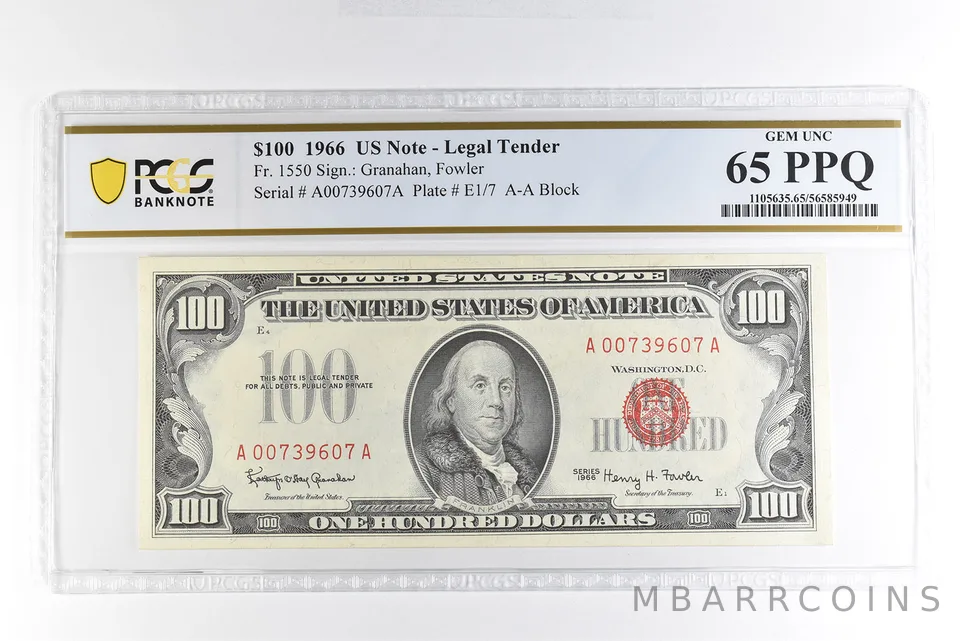 1966 $100 US Legal Tender Note Fr#1550 Gem Unc 65 PPQ PCGS *4971