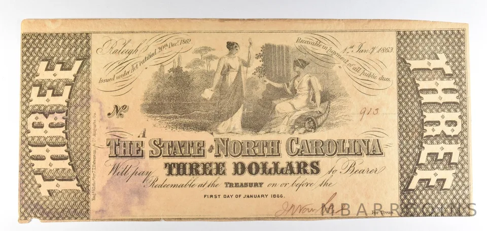 1863 $3 State Of North Carolina Obsolete Note *8743