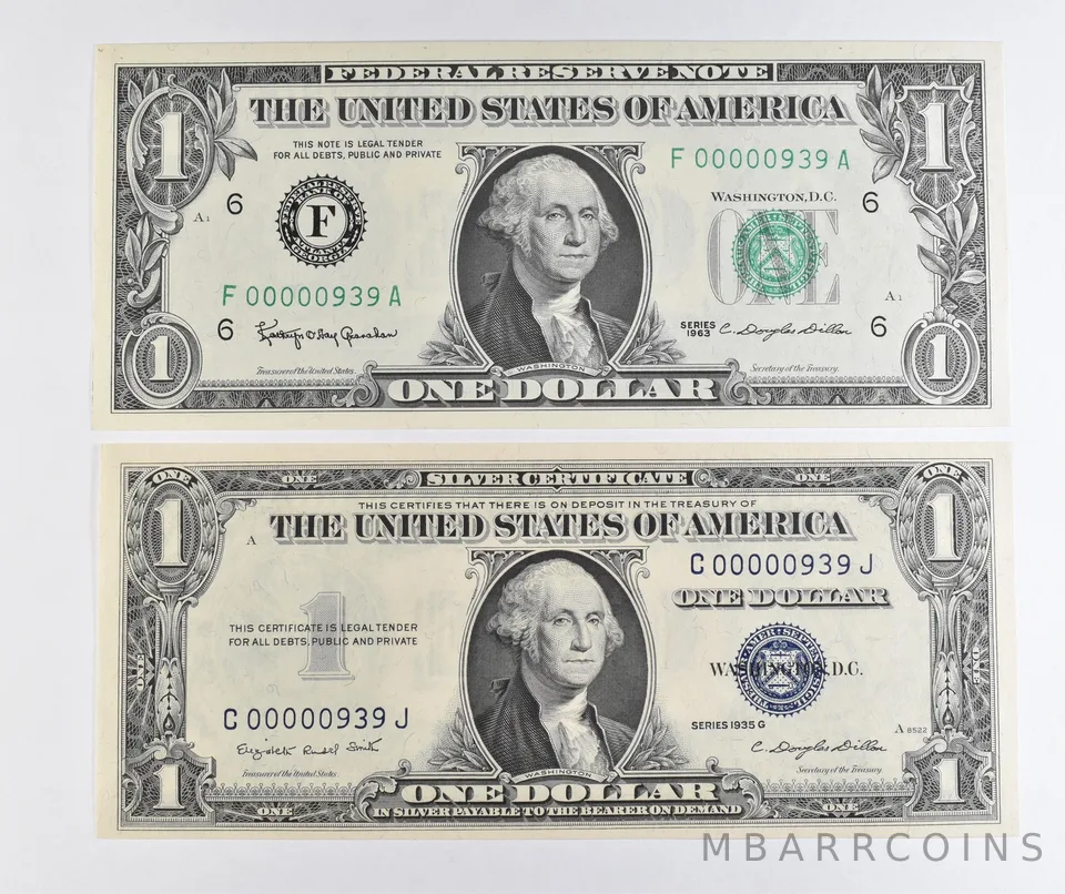 Lot (2) Matching Serial Numbers 1935 G $1 Silver Certificate/1963 $1 FRN *1719