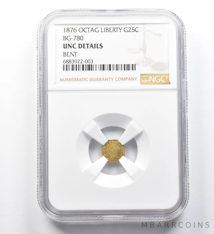 1876 Octagonal Liberty Gold Quarter BG-780 Unc NGC *0345