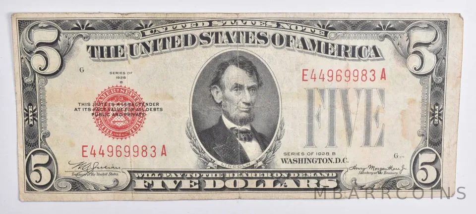 1928-B $5 Legal Tender Red Seal United States Note Avg Circ