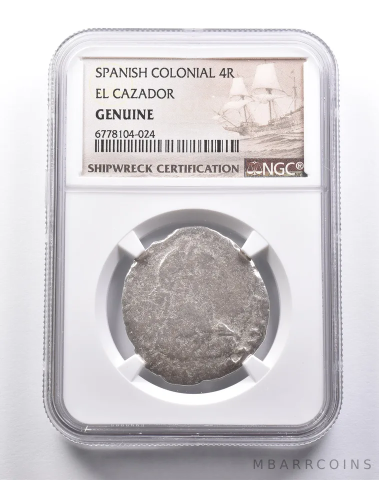 Genuine El Cazador Spanish Colonial 4 Reales NGC Shipwreck Certification *3687