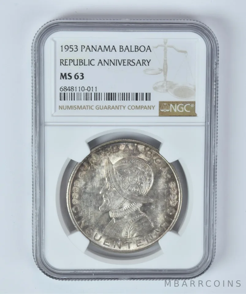 MS63 1953 Panama Balboa Republic Anniversary NGC Beautifully Toned a5314