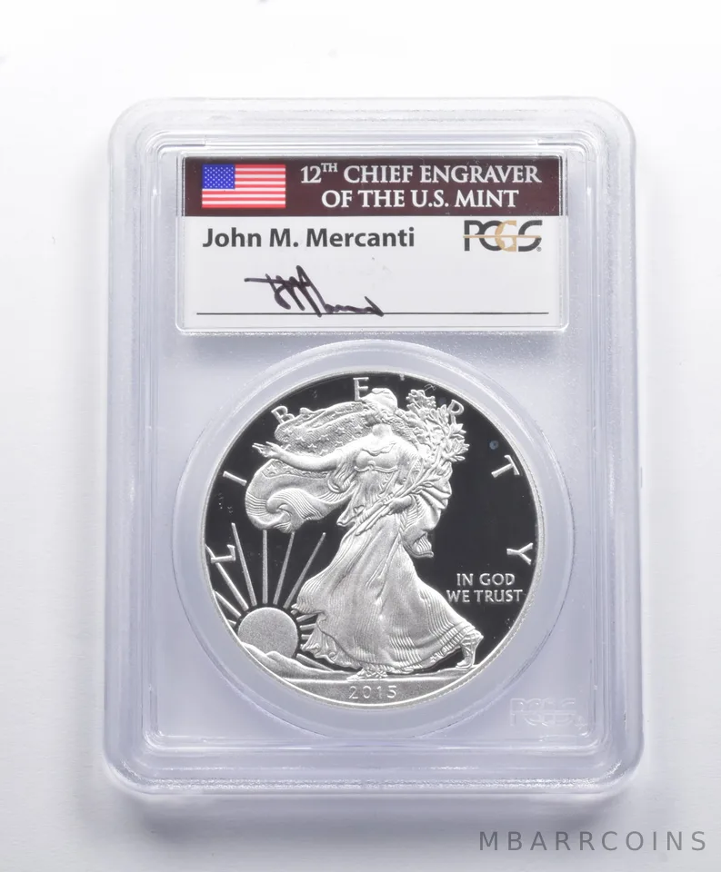 PR70DCAM 2015-W American Silver Eagle FDOI Denver Signed Mercanti PCGS a8818