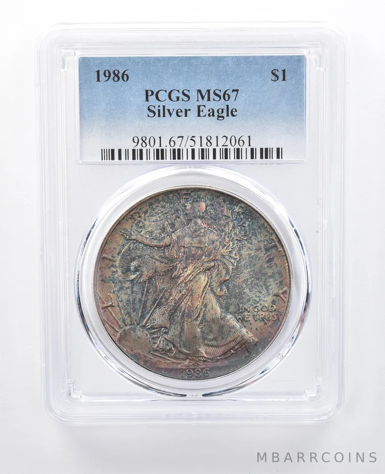 1986 American Silver Eagle MS67 PCGS Rainbow Tone *8181