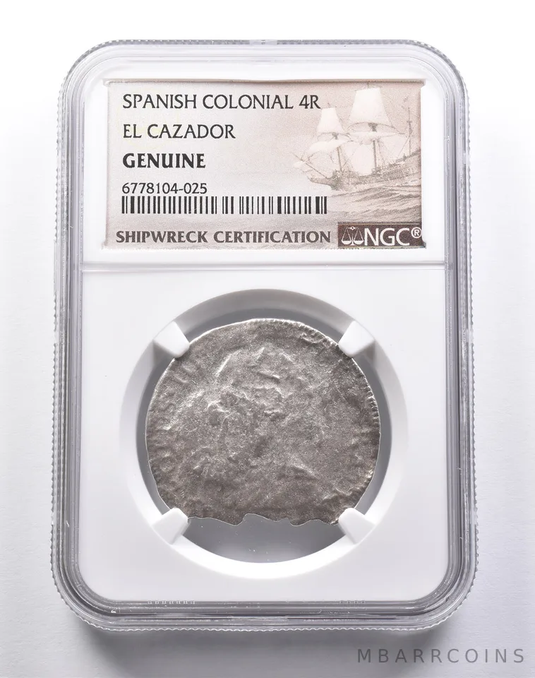 Genuine El Cazador Spanish Colonial 4 Reales NGC Shipwreck Certification *3686