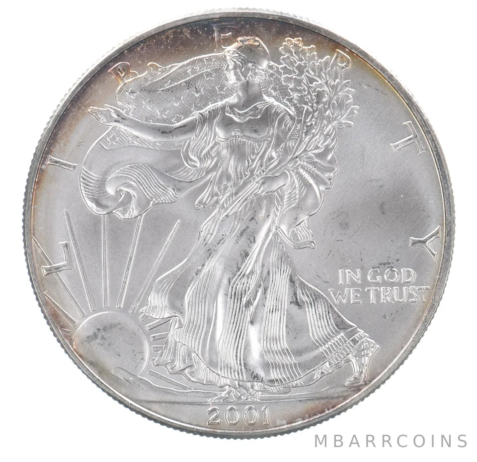 Beautiful Toned - 2001 American Silver Eagle 1 Troy Oz .999 Fine Silver *096
