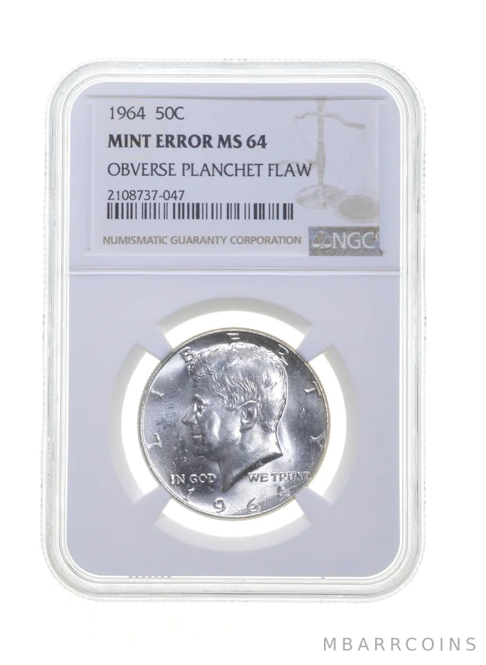 MS64 MINT ERROR 1964 Kennedy Half Dollar - OBV Planchet Flaw - Graded NGC a4227