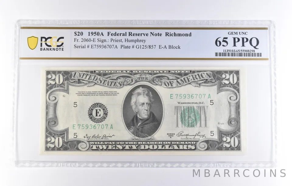 1950 A $20 Richmond VA FRN Fr#2060-E Gem Unc 65 PPQ PCGS *8233