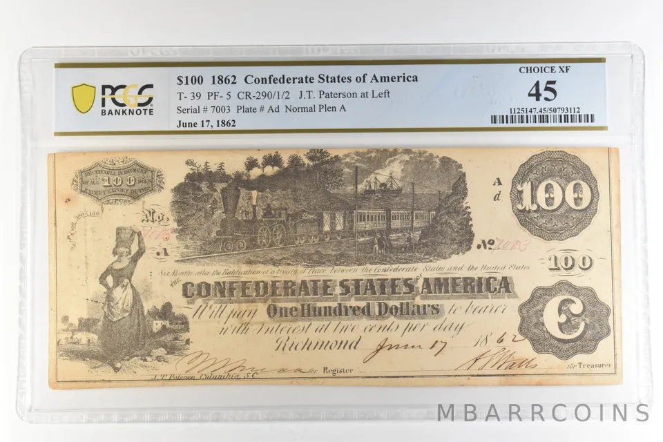 1862 $100 Confederate States America T-39 PF-5 CR-290/1/2 Choice XF45 PCGS *4432