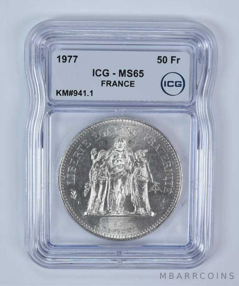 1977 France 50 Francs Silver KM#941.1 MS65 ICG