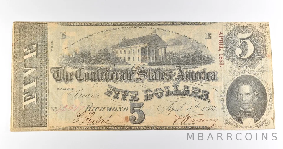 1863 $5 Richmond VA Confederate States Of America Obsolete Note *3884