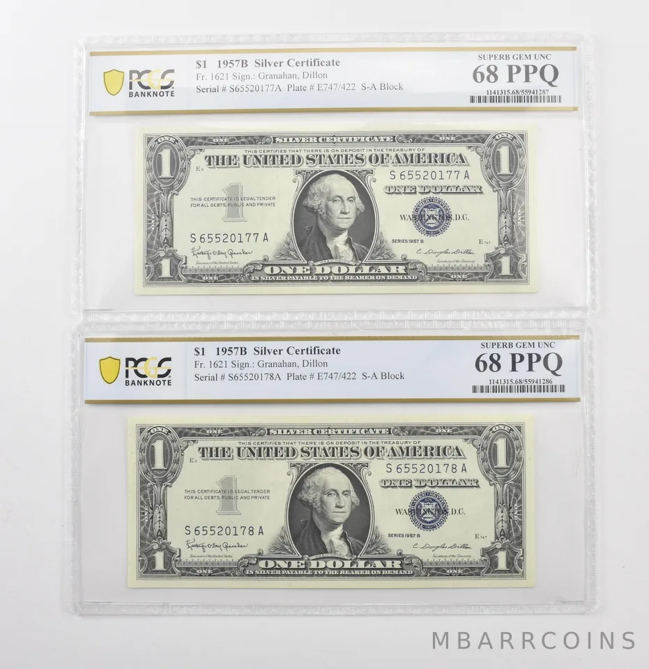 (2) 1957 B $1 Silver Certificate Fr#1621 Gem Unc 68 PPQ PCGS Consecutive *6923