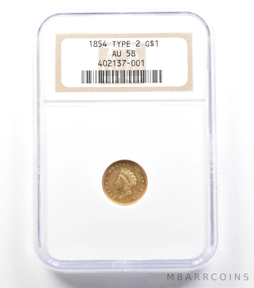 1854 $1 Indian Princess Head Gold Dollar Type 2 AU58 NGC a2177