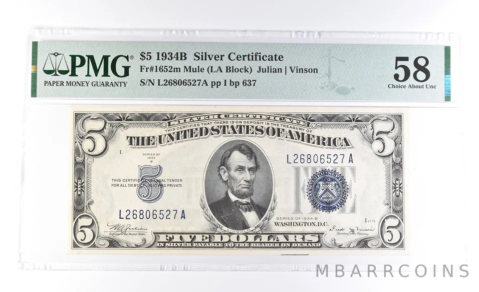 1934 B $5 Silver Certificate Fr#1652m Mule 58 Choice About Unc PMG a0937