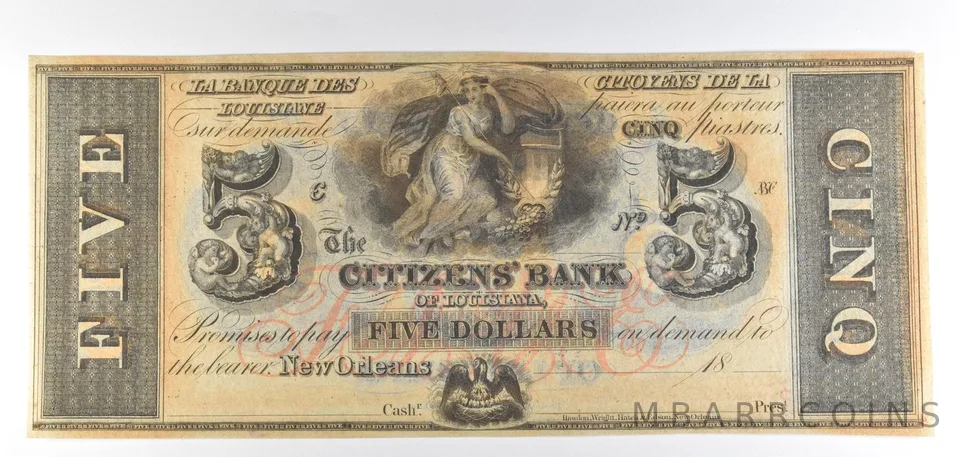 1800s $5 New Orleans LA Citizens Bank Obsolete Note *8891