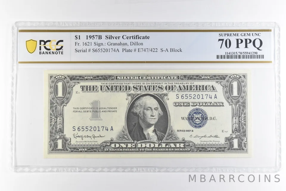 1957 B $1 Silver Certificate Fr#1621 Supreme Gem Unc 70 PPQ PCGS *6921