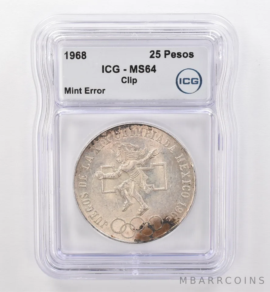 1968 Mo Mexico 25 Pesos Mint Error Clip MS64 ICG Peripheral Tone *9516