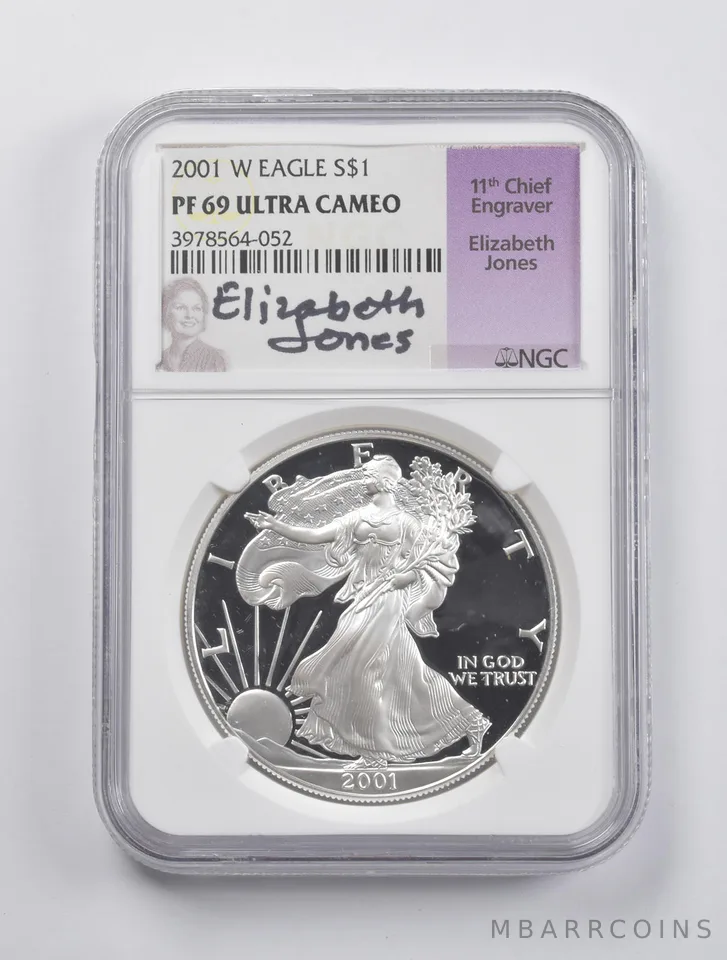 PF69 UCAM 2001-W American Silver Eagle Signed Jones NGC *2990