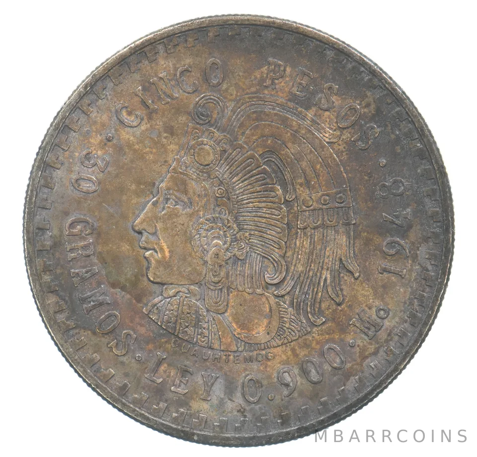 1948 Mo Mexico 5 Peso Silver Cuauhtemoc KM#465 Beautiful Tone *9258
